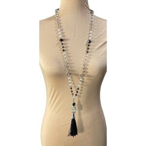Statement Necklace Long Tassel White Druzy Silver Black 23"